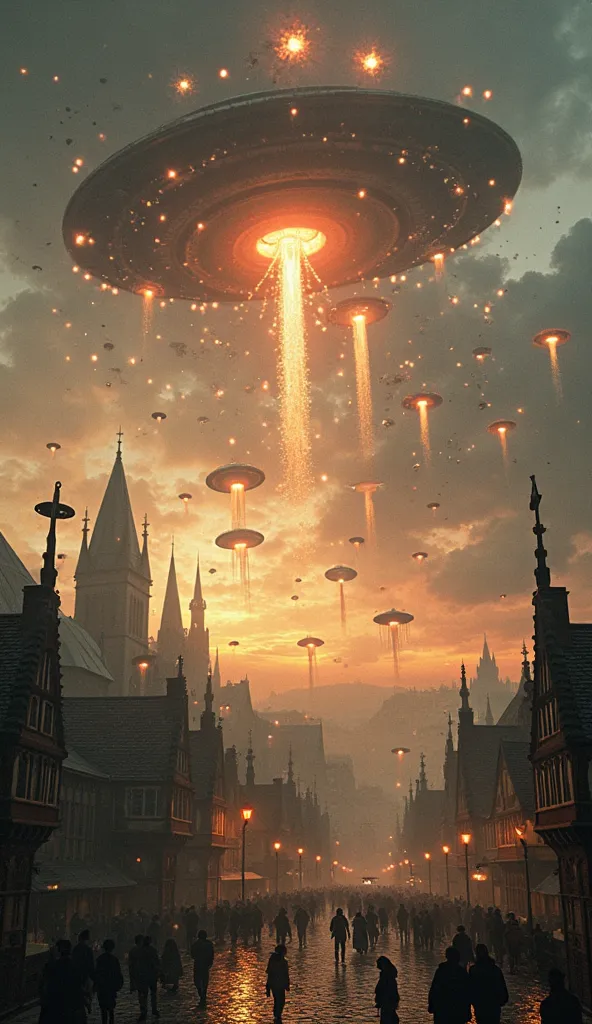 "A dramatic long-shot of the UFO battle over Nuremberg, 1561, showcasing the medieval city beneath an exploding sky. The scene captures the vast expanse of the sky, filled with numerous unidentified flying objects—glowing discs, elongated cylinders, and da...