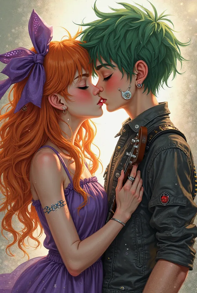 Girl with fair skin long orange hair earrings blue eyes purple bow on her head purple dress with a boy with short green hair punk clothes rock guitar in hand and earring 
 And they're kissing