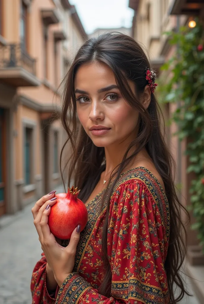 
Create an image of a beautiful 25-year-old Armenian girl in an Armenian traditional dress standing on camera advertising an Armenian pomegranate with the city of Armenia Meghri in the background