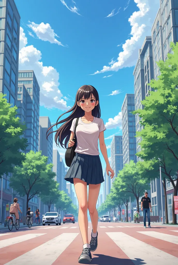 Aiko Walking to School – Smiling, confident, bright city morning background.