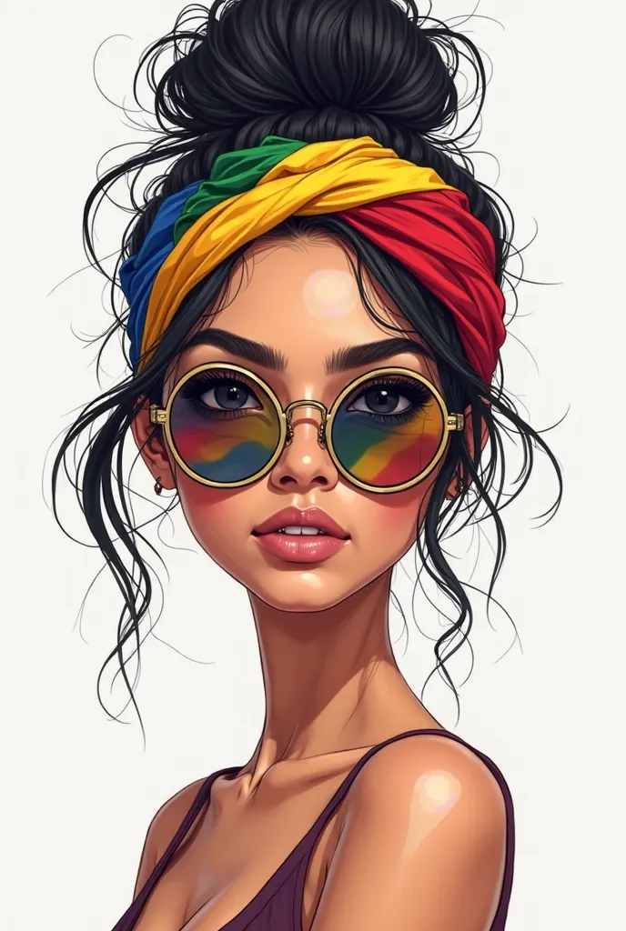 draw a illustrated portrait of a mid age 35 years Indian woman with a stylish and vibrant appearance. She has black hair Tends to blackness tied up in a messy bun with some strands falling around her face. She is wearing a headband featuring the colors of ...