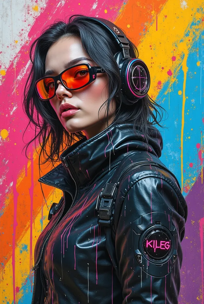 An expressive, full body portrait, textured painting with vivid, multicolored diagonal stripes made of dripping wet paint. The rough textures and smeared brush strokes give a raw, artistic feel. Out of the paint, volumetric cyberpunk woman character seem m...