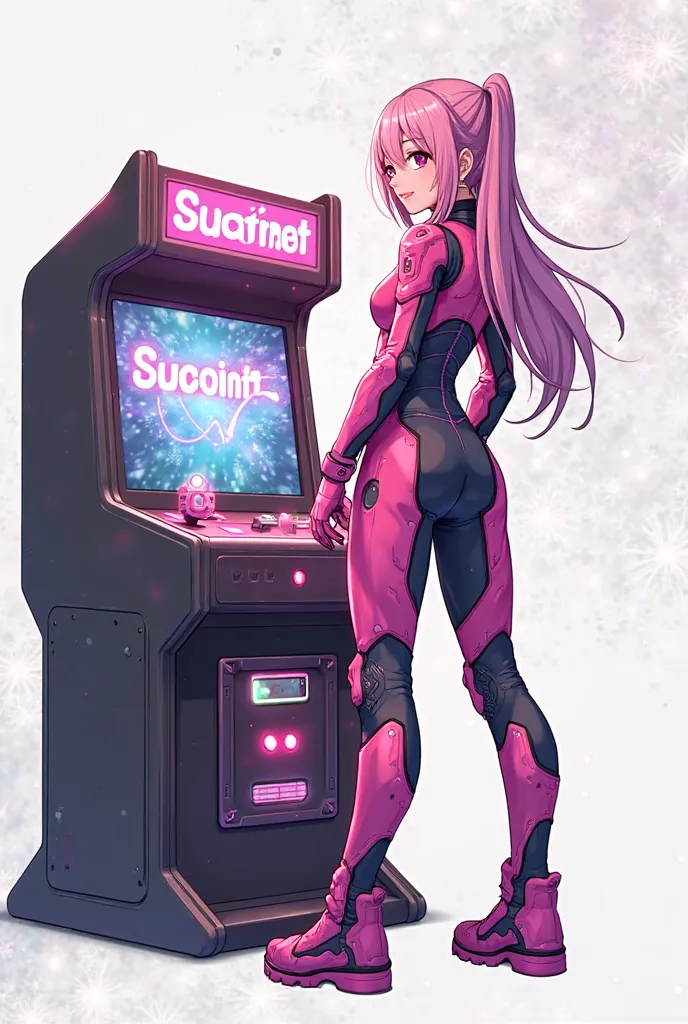 Anime girl in a high-tech pink spacesuit-inspired suit standing near an advanced arcade machine with games, sci-fi style, glowing energy effects, 'Succinct' text displayed on a holographic screen beside her, white background with subtle futuristic patterns...