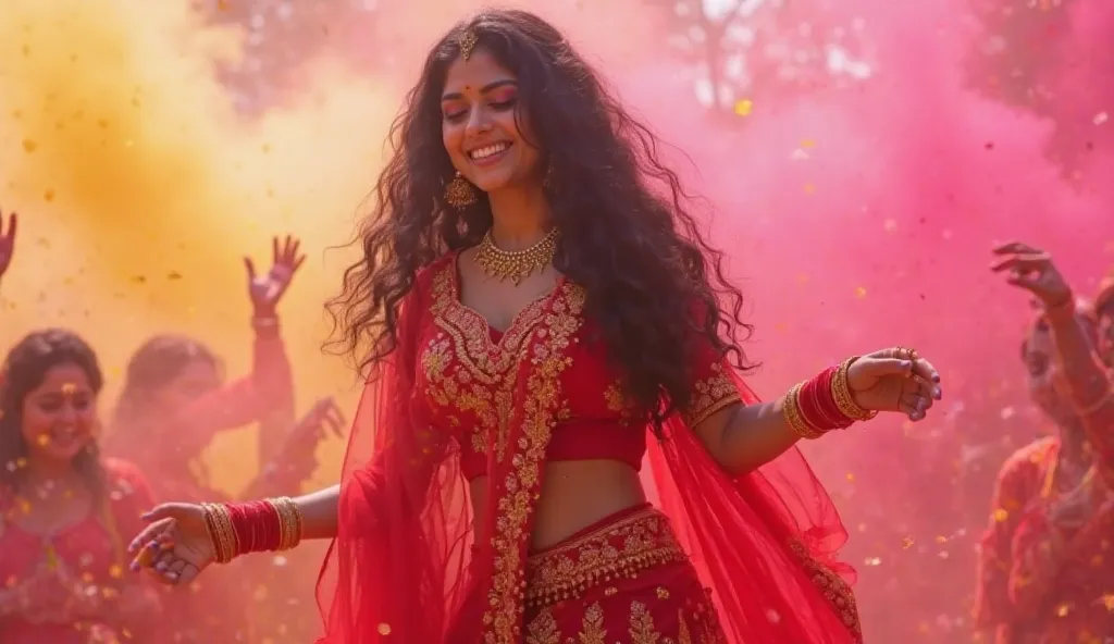 A young woman with long, wavy black hair, wearing a vibrant red lehenga with intricate golden embroidery and a matching red dupatta, gracefully dances in celebration. She moves with elegance, her bangles jingling as she twirls. The background is filled wit...