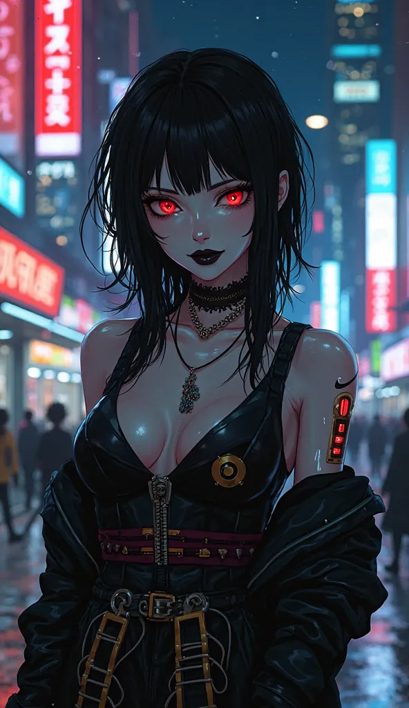 A gothic, scene set in a cyberpunk world, where a female character is visible in full body. The character has a strong-willed, has a street  attitude.  Hair black , eyes are bright red, face highlighted with black lipstick, his smoky white skin gently stan...