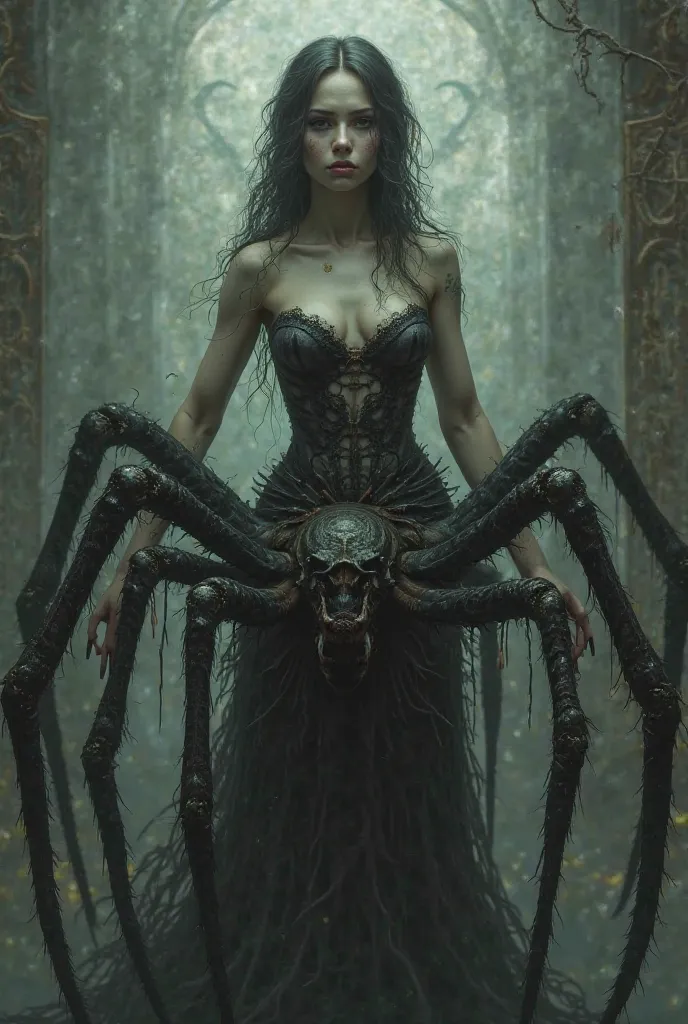 Make an arachne,Spider body below and woman's torso up , "Without a spider's head".
