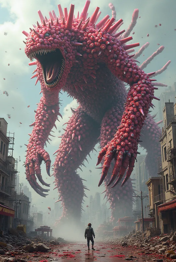 A giant monster is terrifying made of lipsticks 