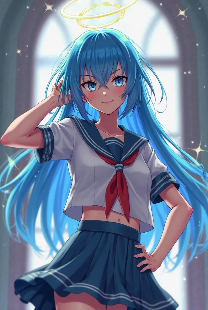  Mesugaki blue hair long hair halo student suit anime fembrat cheeky bitch sassy slutty