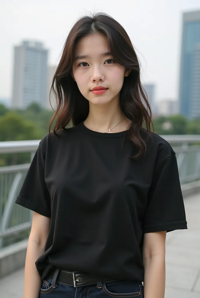 Create a Korean or Vietnamese Gen Z female model wearing a plain black boxy t-shirt standing frontally, city setting