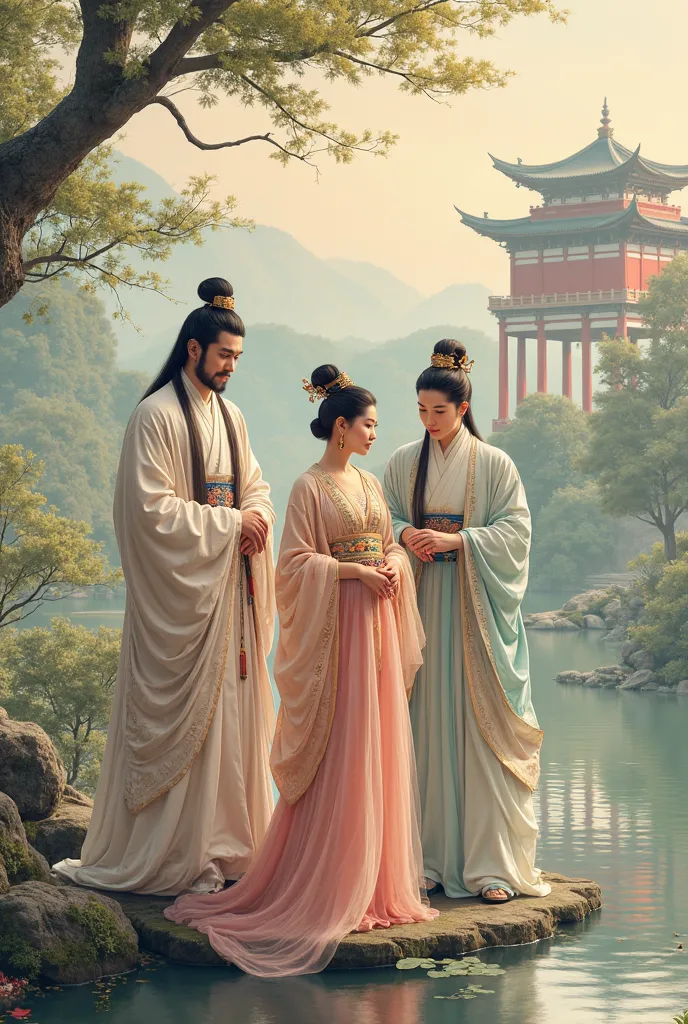 Three guys standing behind girls in the style of ancient China 