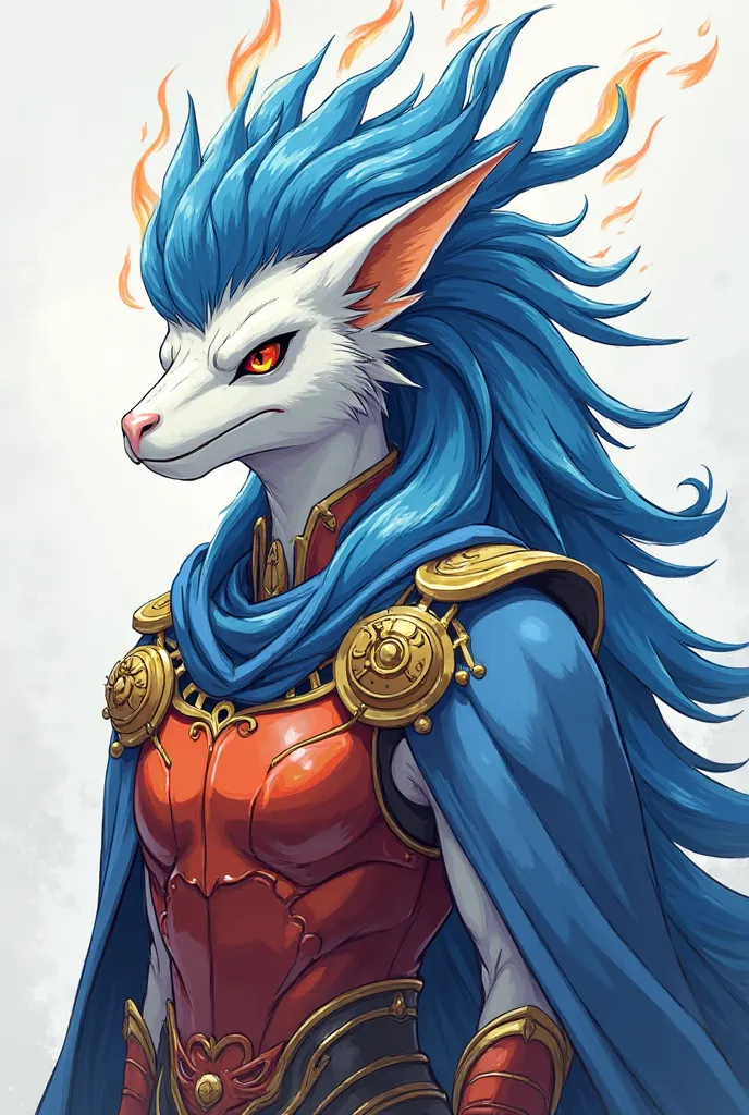 A white creature with a humanoid shape, with long fiery blue hair, crested with fiery black feathers, sharp eyes, wearing red armor,  yellow and orange , similar to a carapace. And a blue cloak of fire feathers on top (anime style)