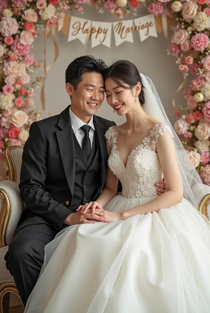   Caucasian woman wearing wedding dress ,  sitting next to a 40-year-old Oriental man wearing black lab coat,  wedding decoration background , Written "Happy marriage "