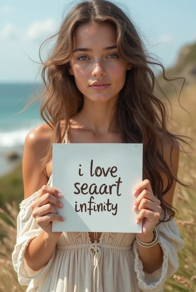 Beautiful girl with wavy long hair, bohemian dress, holding a white board with text "I Love Seaart Infinity" and showing it to the viewer