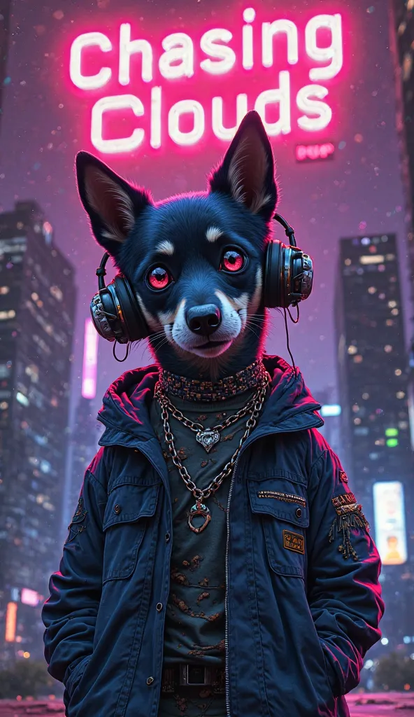 Cover for a LOFI music album, maximum quality 4k, the theme is "Chasing clouds" cyber punk, Neon sign "Chasing Clouds". A riot punk dog anime, eyes of the normal color, with a shell earpiece.