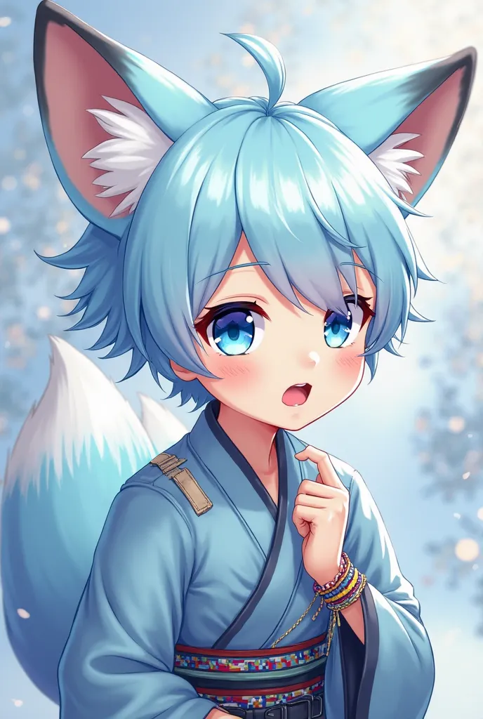 eyes with brightness , Bust photo of the character , Q version ， Avatar frame ， Character focus ，  solo , shaggy , Furry male fox , Light blue fur for men , Sky blue eyes , Pale blue hair(Short）Shotai style ， Little cute ， Will sell moe ， wearing a hanfu ，...