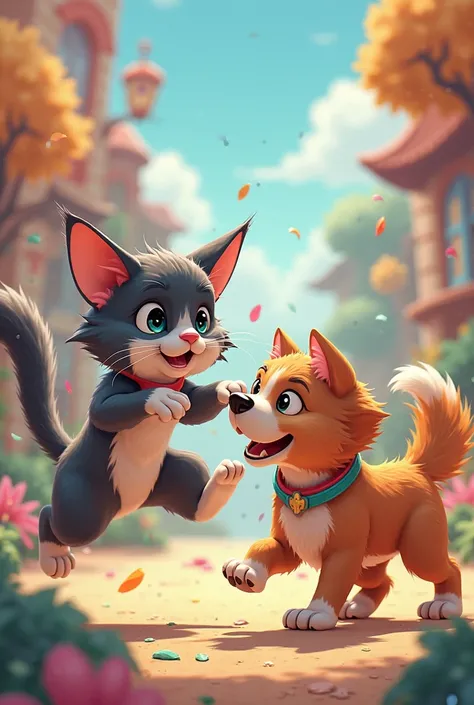 a cat and a dog playing, The cartoon has an animated style