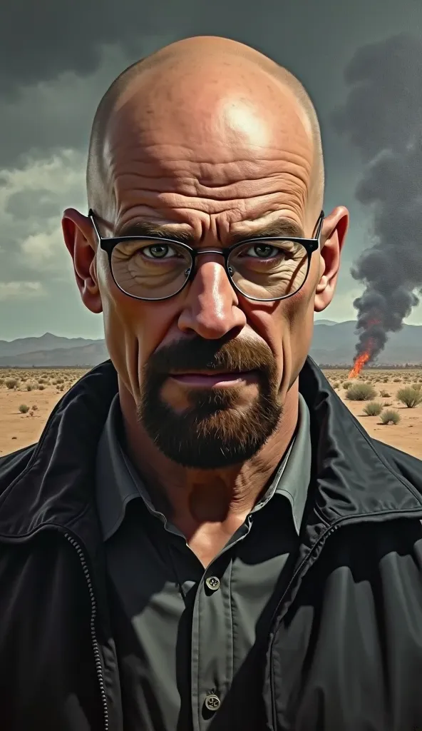 A highly detailed oil painting of Walter White from Breaking Bad, showing three-quarters of his body facing forward. His expression is intense and resolute, with a piercing gaze that exudes intelligence and danger. His face is hyper-realistic, with visible...