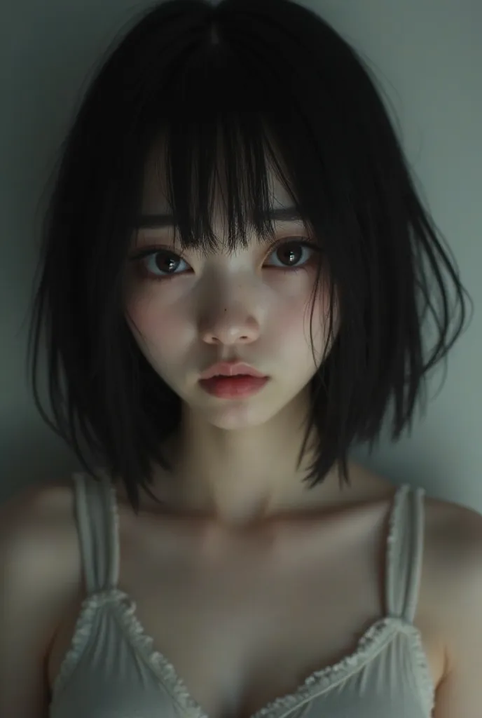   Create a 20-year-old woman , very pale, short straight black hair, very dark, with suicidal tendencies, addicted to medications, And depressed, your black and Asian-shaped eyes, are depressed, with a lot of dark circles under the eyes and very heavy, hav...