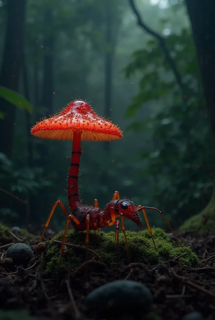 A small micro fungus is above the ant**Ophiocordyceps unilateralis** genetically modified, bright red with black stripes, growing on an ant-like insect. The mushroom has long and branching legs, and seems to control the insect. The background is a dark tro...