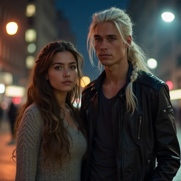 The picture shows a couple standing in a city at night.

Liam is a tall and athletic young man with long white hair, tied in a loose braid or ponytail. His grey eyes look confident and a little thoughtful. He is wearing a black leather jacket over a dark s...