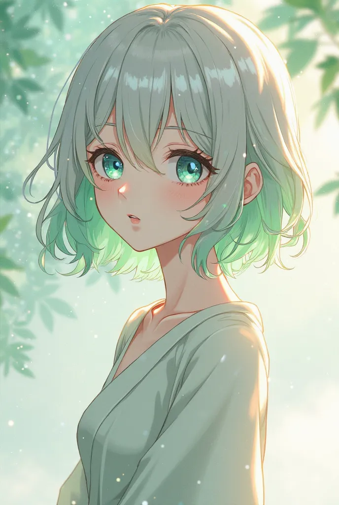 An anime girl with silver hair that fades into a soft green at the tips. Her ocean-blue eyes shimmer with warmth. She has delicate yet striking features—smooth, pale skin, a small, upturned nose, and full lips that curve gently when she speaks. Dressed in ...