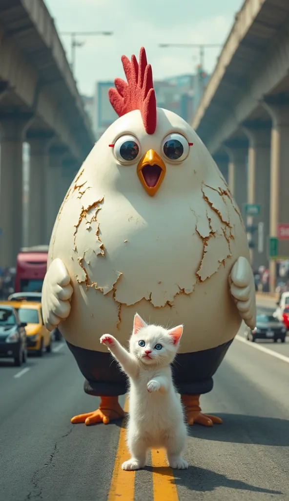 "A busy city highway with vehicles moving under a large overpass. In the middle of the road, a white-furred kitten with bright blue eyes wearing black pants, looks angry and shouts while pointing forward. In front of him, a giant chicken shaped like an egg...