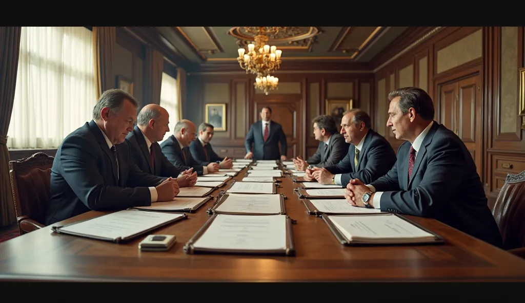 A panoramic view of an office in the local administration, where several arrogant realtors in expensive suits sit at a long table. In front of them are folders with documents, on which the seal "Claim for deprivation of property" is clearly visible. A farm...