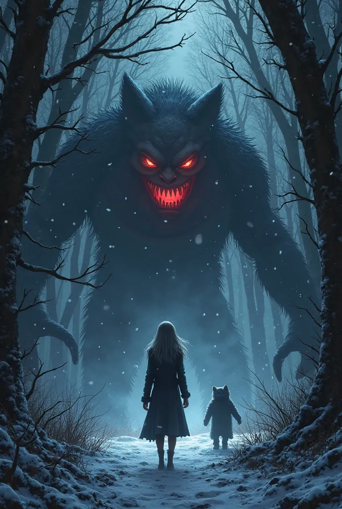 "Bookmark art: 'Необрана' vibe. Dark, eerie forest scene, screenshot style. Female figure (cover) faces two shadowy creatures. One is large, amorphous, with glowing red eyes and sharp teeth. The other is smaller, lurking below, with subtle, menacing featur...