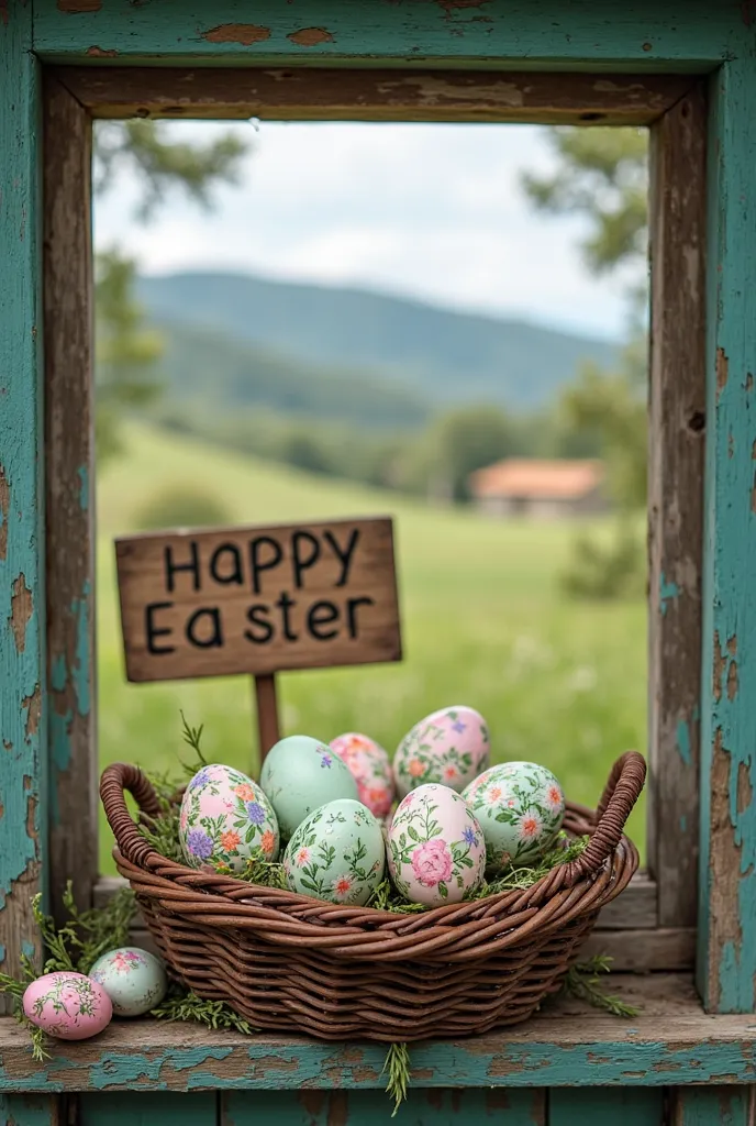 Field egg basket ,Light Green pink floral eggs  , turquoise . brown . . In the window of a chicken coop in the middle of the rural countryside realistic HD photography . In the background there is a wooden sign that says : "happy easter "