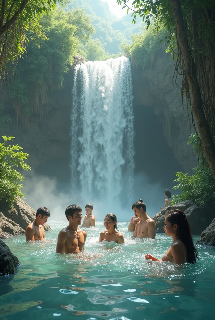 A waterfall with people taking a bath