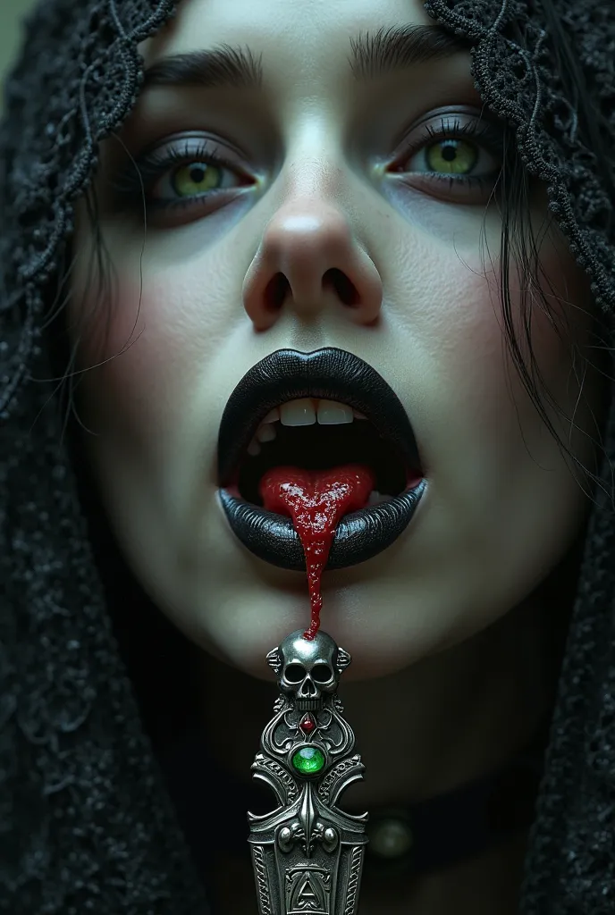 The image is a dark Gothic-style work of digital art featuring a close up of a person's face. The subject has pale skin and lustful green eyes and is partially obscured by shadows, , which enhances the mysterious and spooky atmosphere. The focus is on the ...