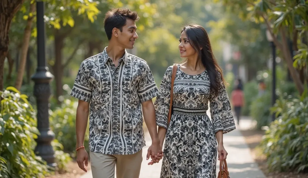 16k .A very beautiful young couple. She is wearing a light black  and white batik dress. She walks proudly. She has a brown bag in her hand. She is a young woman of about 28 years old.In town area.There ara sitting on the bottnikale garden.The young boy is...