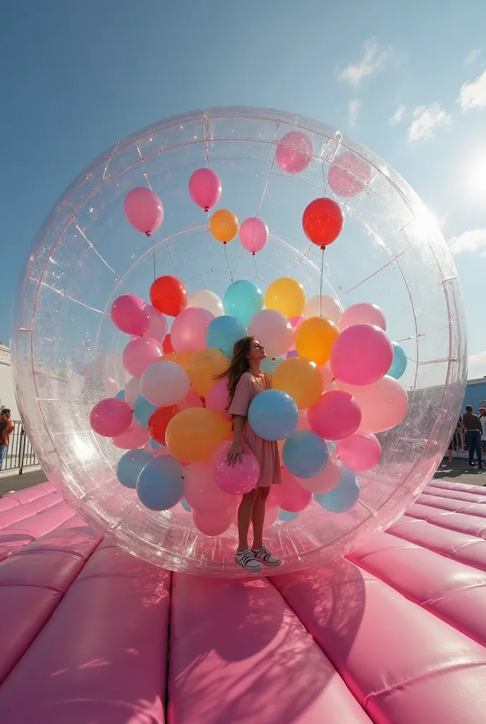 there is a large inflatable bubble ball with balloons floating in it, a portrait by Emma Andijewska, shutterstock, temporary art, inflatable, bubble, magic bubble barrier, 360*, tent, 360º, 3 6 0 p, 4 0 9 6, fulldome, air bubbles, geodesic dome, acrylic, m...