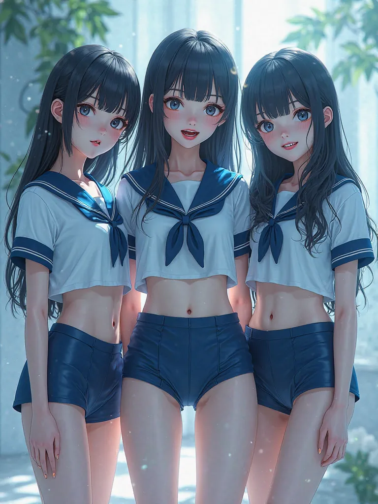 high quality,4K,8k,in white for summer very detailed,photo-like realism,HDR,UHD,Studio Lighting,Extreme Details,professional,vivid colors, bokeh effects ,３girl,lower body is a navy blue Hi-leg racing bloomer,High school girl brainwashed and controlled by Z...