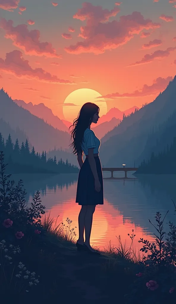 "A digital illustration of a woman with a sharply defined silhouette, standing alone prominently on a gentle hill at dusk. The scene features a serene lake in the distance, reflecting the sky’s colors, which transition from a warm orange to a cool indigo g...