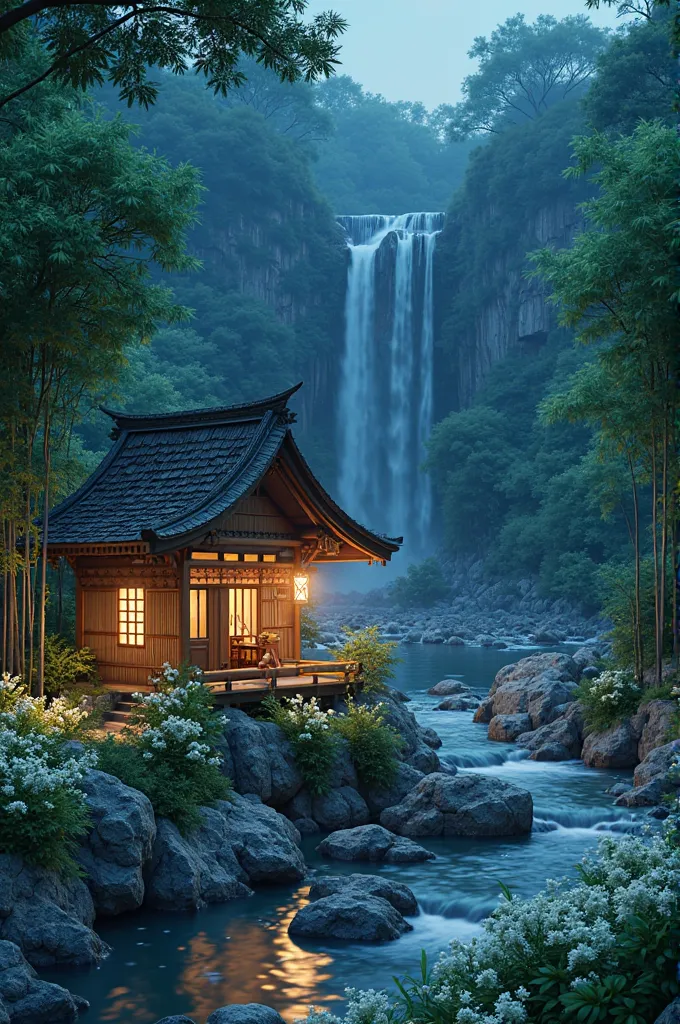  night atmosphere ,Rocky green plain,with beautiful white flower garden,with clear flowing river,high flowing waterfall,there is a pendopo with thatched roof and bamboo material,decorated with bamboo torch lights in beautiful night,with flaming fireflies f...