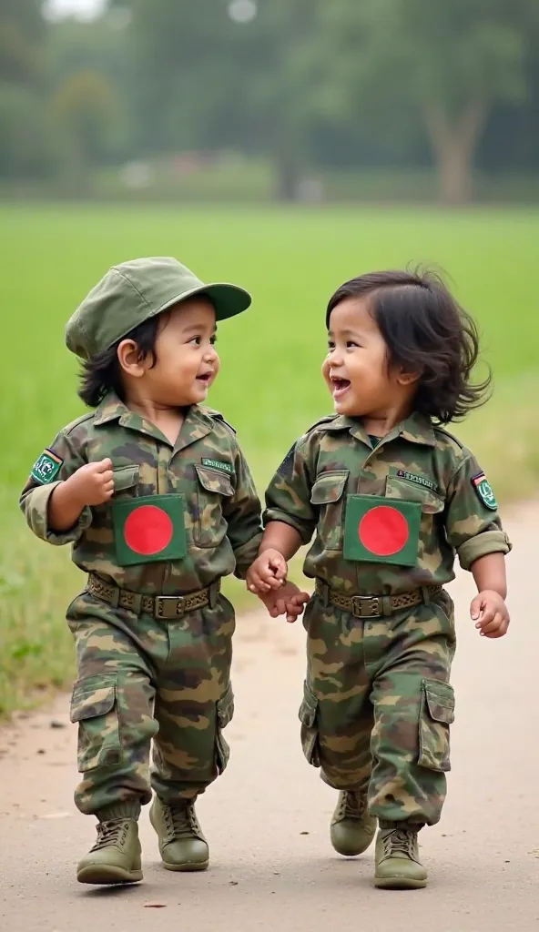 Two adorable  toddlers, a boy and a girl, are walking together, dressed in Bangladesh Army uniforms. Their tiny camouflage outfits proudly display the Bangladesh flag on their chests. As they stroll side by side, they are smiling brightly and chatting chee...