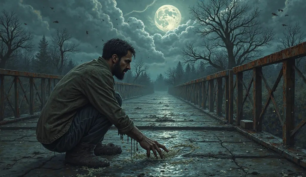 Create a hyper-realistic and terrifying illustration of the moment when Matthew is paralyzed in the center of the bridge, surrounded by a dense and oppressive atmosphere. The bridge should be old and rusty, with metal beams corroded by time and neglect, re...