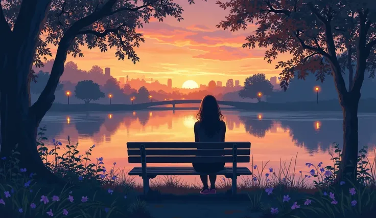 "A digital illustration of a woman with a sharply defined silhouette, sitting alone on a park bench in a serene park at dusk. The scene features a serene lake in the distance, reflecting the sky’s colors, which transition from a warm orange to a cool indig...