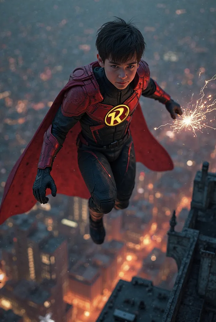 A dynamic 3D render of a young superhero in a black and red suit, no cape, leaping off a rooftop at night. The hero’s suit features reinforced armor on the shoulders and forearms, with a glowing yellow "R" on his chest. A holographic map hovers above his w...