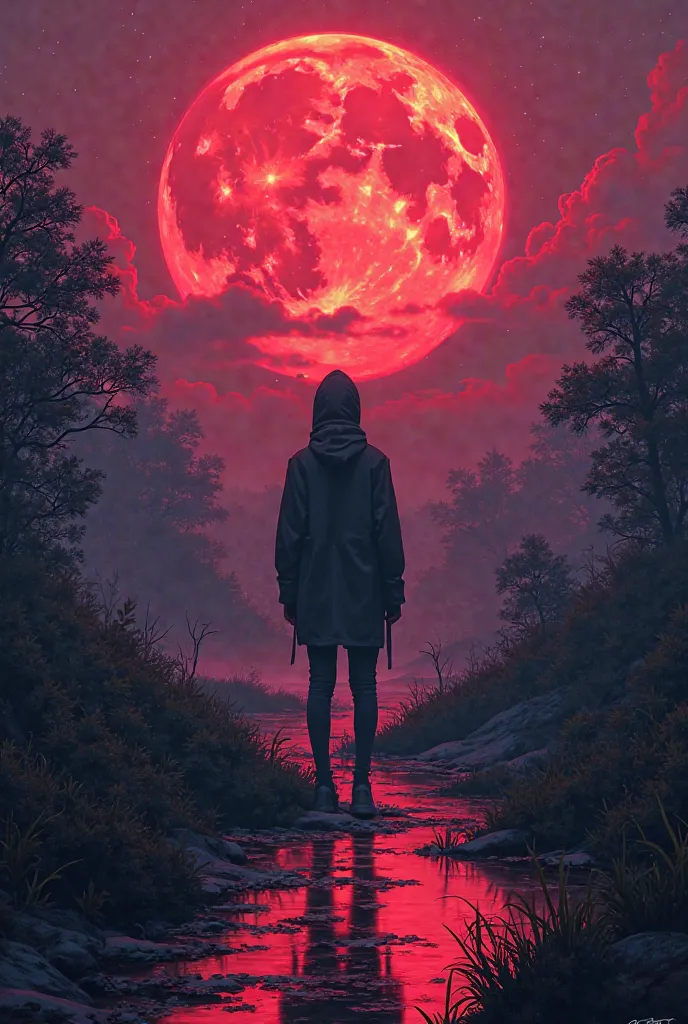 Night, the moon is red, nature , the guy is standing with his back ,Synthwave ,neon style