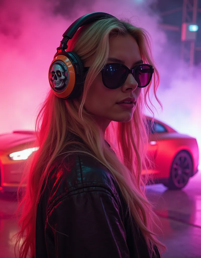 Lens In the foreground , is a beautiful young woman with long and bulky blond hair .., wearing large and stylish headphones . She seems confident and immersed in music . There is a GTR Nismo orange 2024 in the background ,  shrouded in colorful smoke , cre...