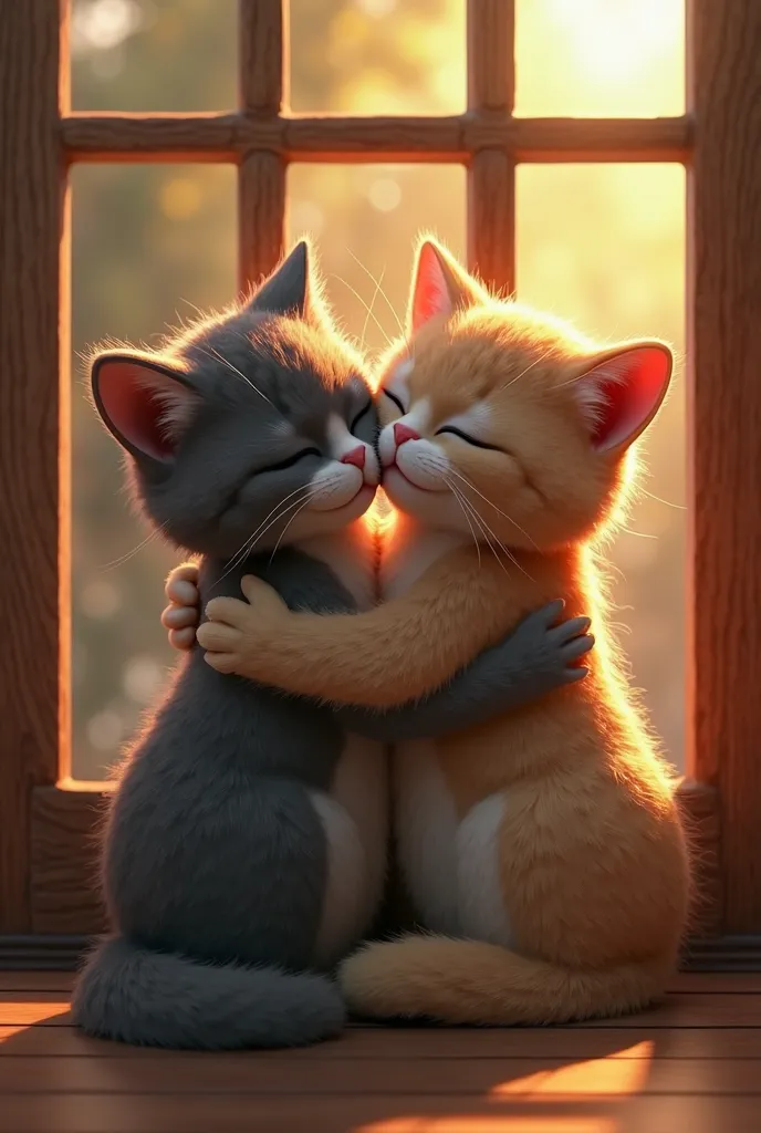 The image depicts two anthropomorphic cats embracing in front of a wooden door with glass panels. The scene is illuminated by ambient lighting, creating a warm and intimate atmosphere.