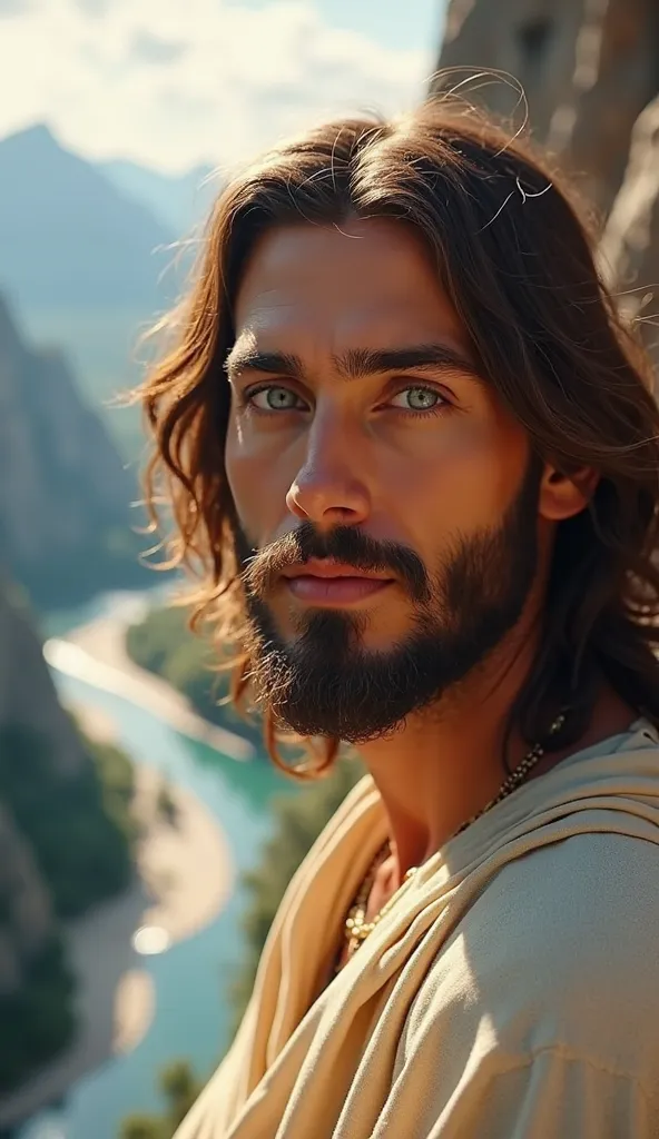 A highly detailed close-up of Jesus Christ looking directly at the camera, with deep, expressive blue eyes, well-defined brown hair, and a light beard, radiating serenity and compassion. The background, seen from a high vantage point, showcases a breathtak...