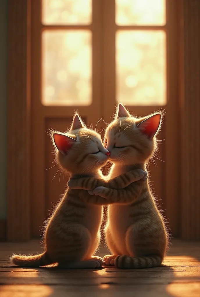 The image depicts two anthropomorphic cats embracing in front of a wooden door with glass panels. The scene is illuminated by ambient lighting, creating a warm and intimate atmosphere.