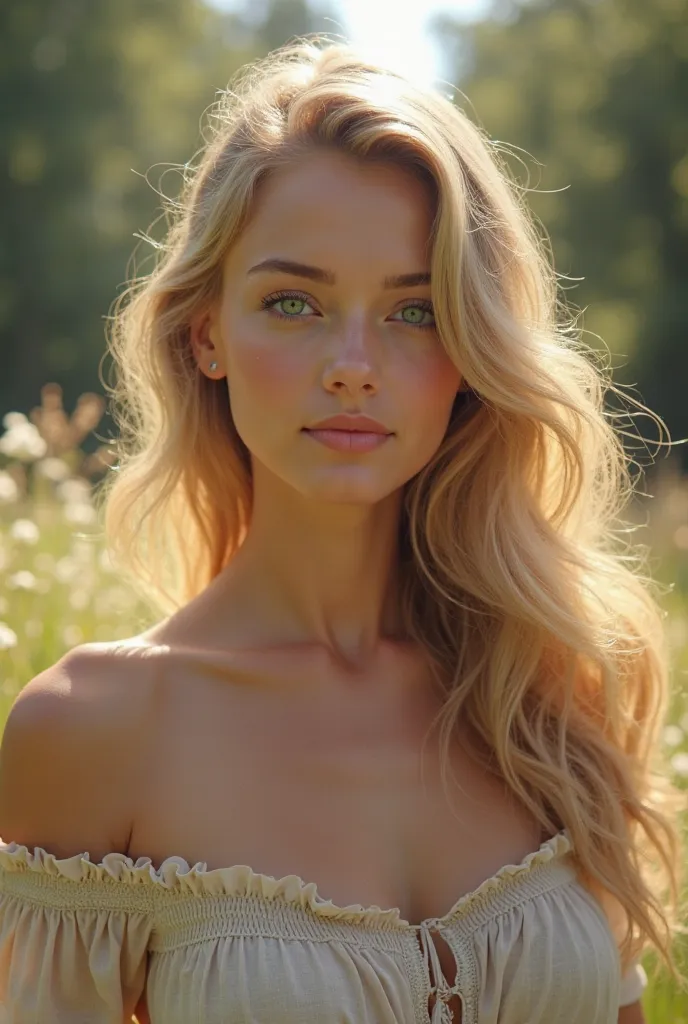 create a beautiful realistic looking swedish girl with light tan middle sized chest, age 17-20