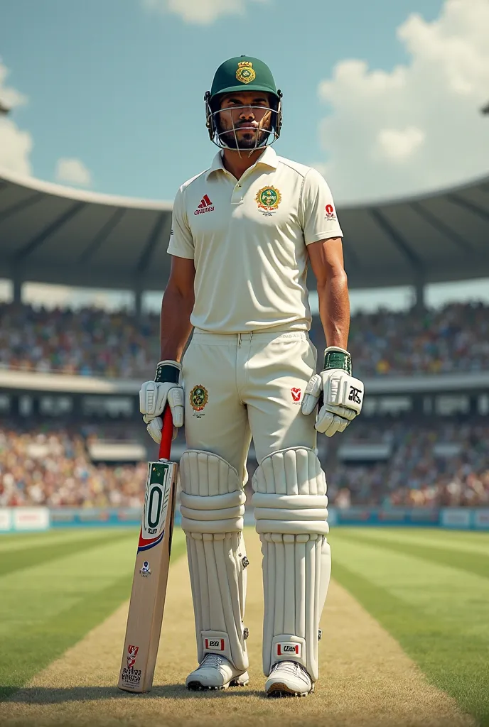 Generate a cricket player in full gear. Make it realistic 