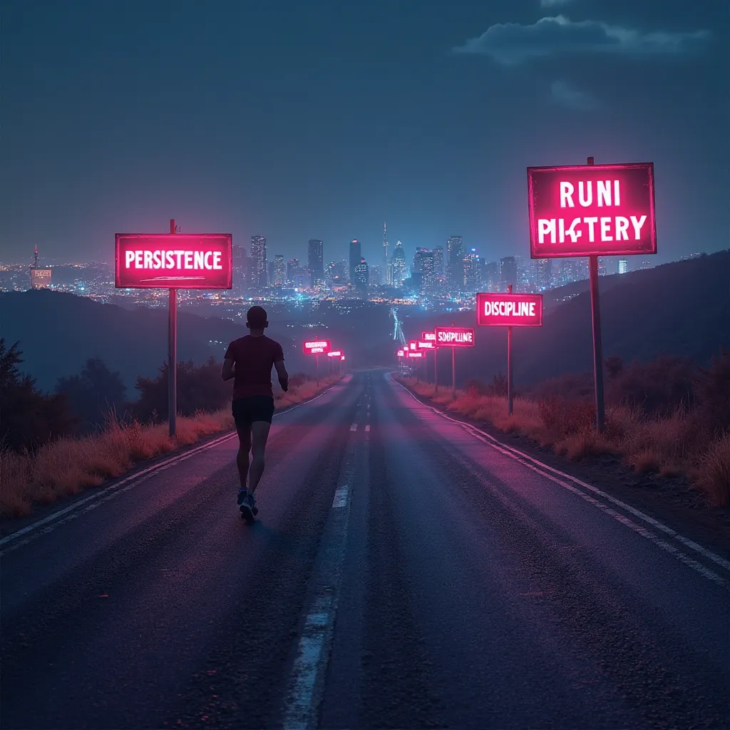 A lonely runner on an endless road, where neon signs along the way display words like “persistence”, “focus” and “discipline”. In the background, a large illuminated city symbolizes success