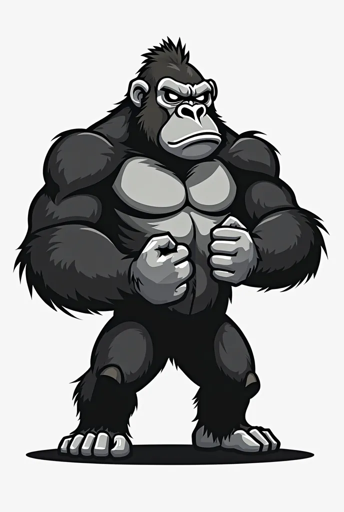 logo gorilla, minimalist, cartoon serious and strong The gorilla stands upright, flexing its arms with an intense, determined expression. The design uses strong contrast (primarily black, white, and gray) and thick outlines, evoking a street-art or graffit...