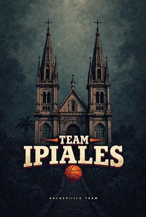 Basketball logo that says Team Ipiales with the cover of the church of Las Lajas in dark colors